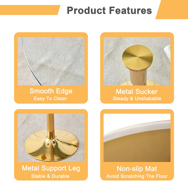 English Elm A Modern 35-Inch Tempered Glass Round Dining Table with Sleek Metal Legs, Minimalist Style for 4-6 }{@ Gold,Transparent W1151P263755