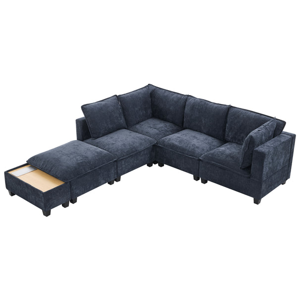 English Elm 90" U-shaped Sectional Sofa Modular Couch with Movable Ottoman, Hidden Charging Coffee Table, Durable Comfort Blue N719S001780C