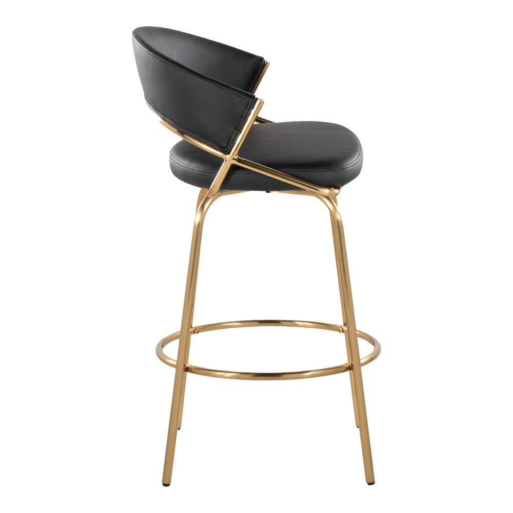 English Elm Jie Contemporary Counter Stool Set of 2 - Black Faux Leather Swivel Seats with Gold Frame & Footrest B202S00334