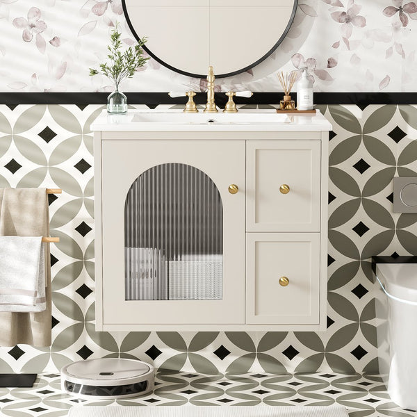 English Elm 24" Modern Wall-Mount Bathroom Vanity with Ceramic Sink, Glass Door Cabinet, 2 Drawers, Soft-Close Beige N710P286704Y