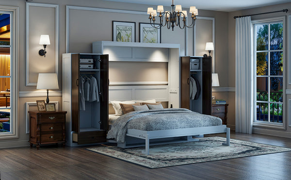 English Elm Queen Murphy Wall Bed with Fold Down Desk Dual Wardrobes and Drawers in White LP000925AAK-1