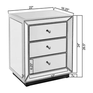 English Elm W Shiny Pearl Silver Mirrored 3-Drawer Cabinet with Crystal Handles Chain Trimbed Chic Accent Storage W1005P144029