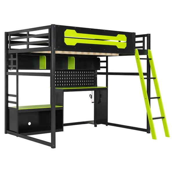 English Elm Full Size Gaming Loft Bed with Built-in Desk Led Lighting Usb Ports and Pegboard Black+Green LT000270AAG