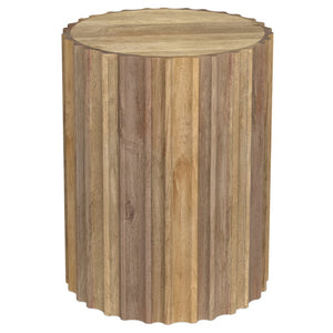 English Elm Rolf Solid Mango Wood Drum Side Table Hand Carved Fluted Sculptural Natural Finish B136P420284