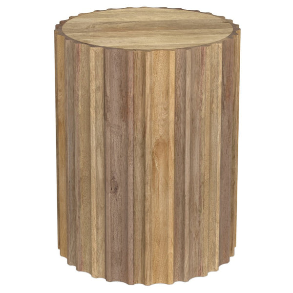 English Elm Rolf Solid Mango Wood Drum Side Table Hand Carved Fluted Sculptural Natural Finish B136P420284