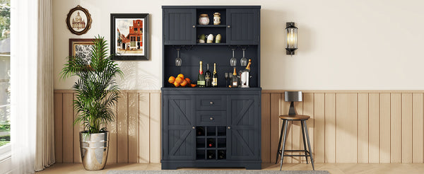 English Elm Coffee Bar Cabinet Dark Blue Farmhouse Buffet with Wine Cubbies, Stemware Rack, Drawers, Shelves & Prep Space Antique Blue W1580S00073