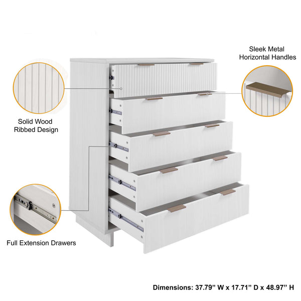 English Elm Granville 38" White 5-Drawer Chest – Modern Solid Wood Storage With Glam Gold Hardware & Style B365S00080