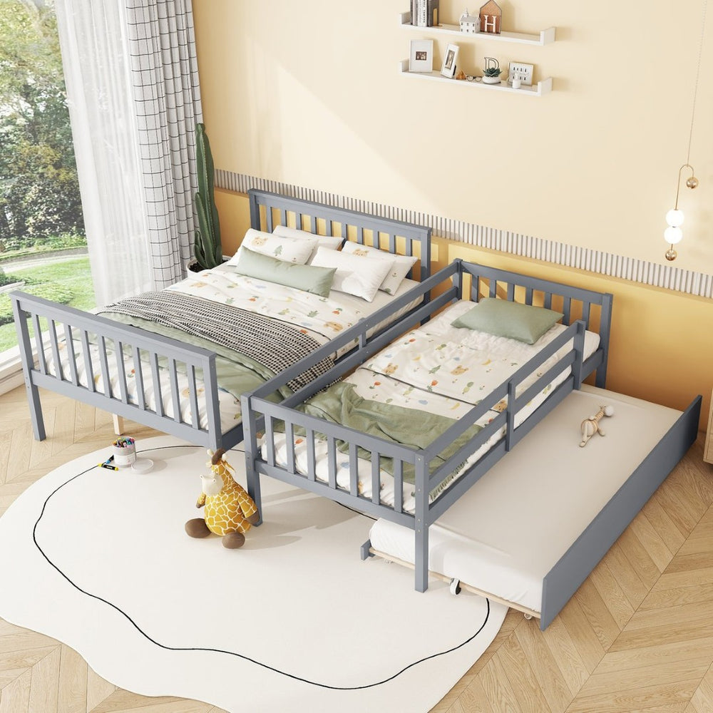 English Elm Twin Over Full Bunk Bed With Trundle, Detachable Ladder, Rustic Grey Wood, Space-Saving Design W504S00186-GIGA