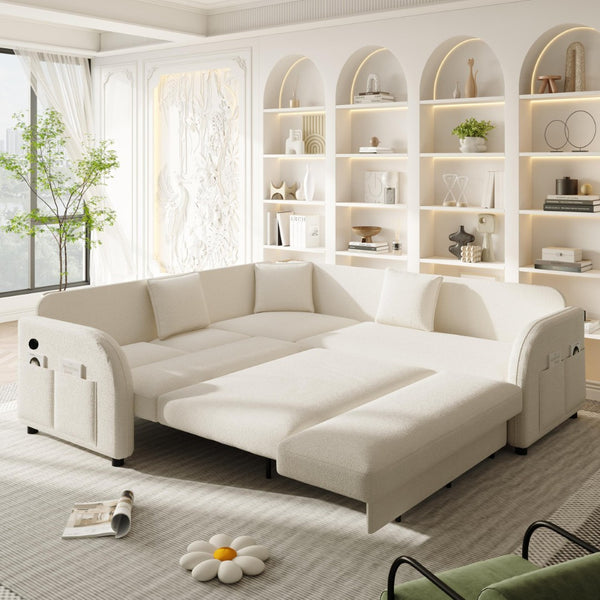 English Elm 85.1" Teddy Plush L-shaped Sectional Sleeper Sofa with Usb Ports and Pull Out Bed Beige+White W1885S00319