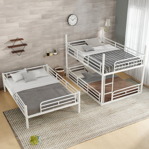 English Elm Twin Triple Metal Bunk Bed Matte Powder Coated Frame with Full Safety Guardrails Light White W1580S00581