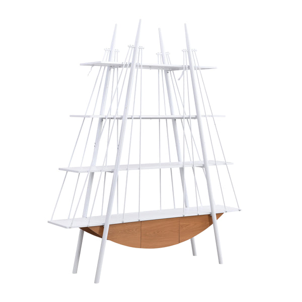 English Elm Sailboat-Inspired Industrial 4-Tier Bookshelf with Drawer — Nautical MDF & Metal Display Rack for Home Decor White W2317P253454