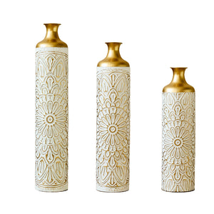 English Elm Floor Glam Metal Vase Set 3-Piece Gold & White Droplet Sculptural Floor Vases Tall Modern Décor W2796P321401