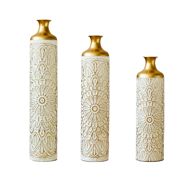 English Elm Floor Glam Metal Vase Set 3-Piece Gold & White Droplet Sculptural Floor Vases Tall Modern Décor W2796P321401