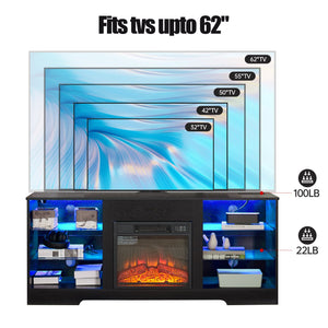 English Elm TV 58" Electric Fireplace TV Stand with 3D Realistic Flame, LED Lights, USB & AC Power Strip, Modern Media Console Black W2275P149867