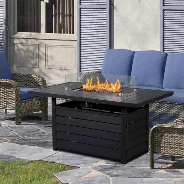 English Elm 54.3 Inch Aluminum Rectangular Propane Fire Table with Convertible Lid for Patio Black B082S00072
