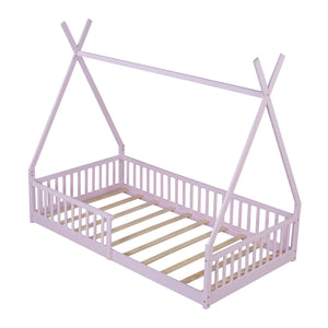 English Elm Twin House Bed with Roof and Fence for Kids – Sturdy Pine Frame, Vintage Wash Design, Safe Sleep Space Pink N709P183348H
