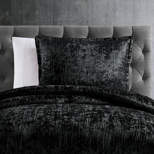 English Elm Turin Black Crinkle Velvet 2-Piece Twin Comforter Set with Sham, Brushed Polyester Backing, Luxury Texture B340P341984