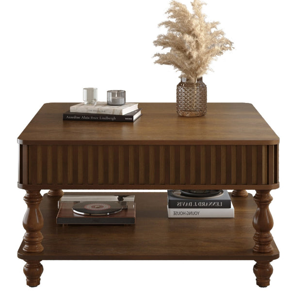 English Elm 31.5 Lift-Top Coffee Table with Hydraulic Raise, Fluted Wood Slats, Hidden Compartment & Shelf Walnut Brown W1445P355641