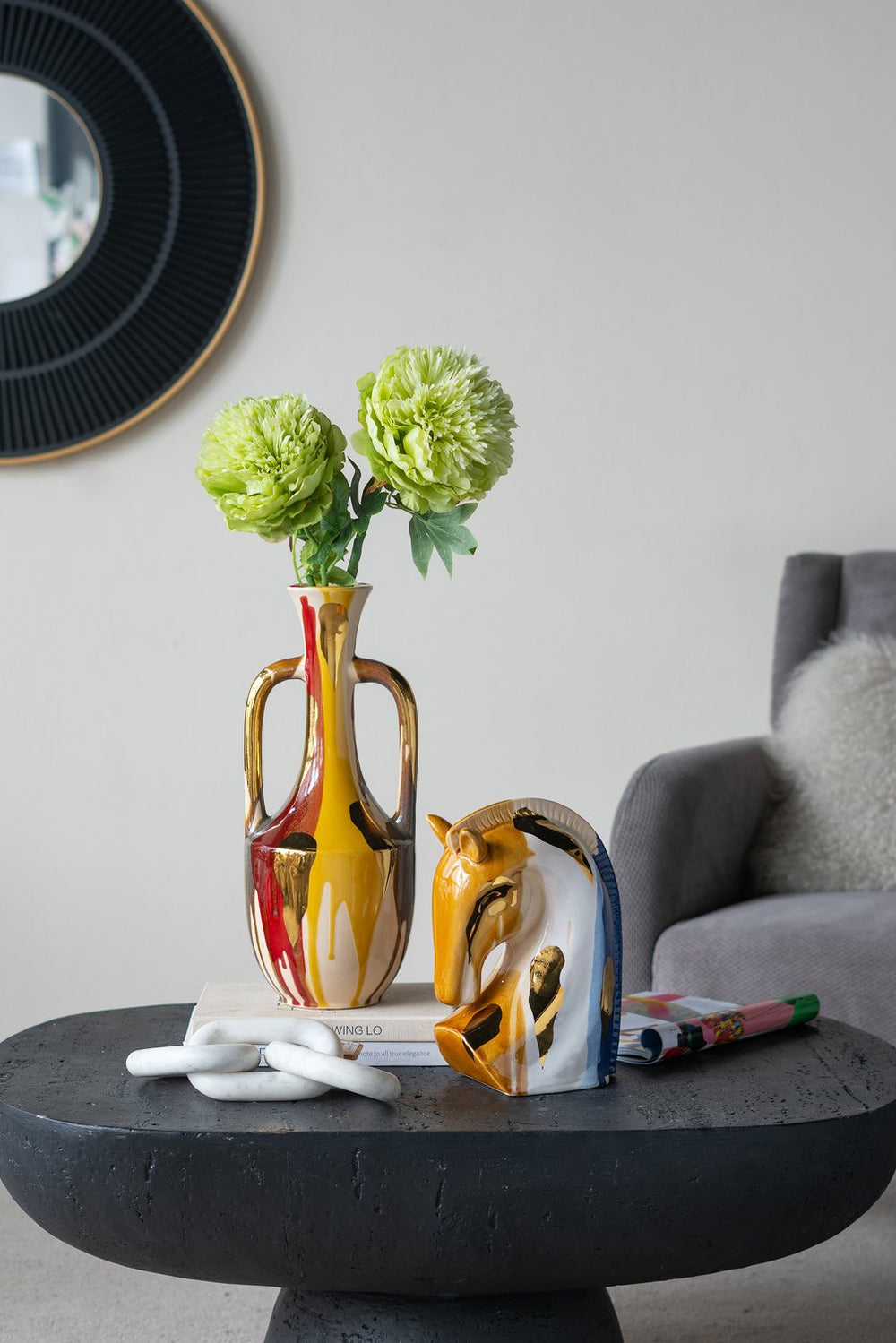 English Elm 7.2x4.1x10.6" Ceramic Horse Head Sculpture Abstract Multicolor Gold White Blue Modern Mantel Art Decor W2078P392203