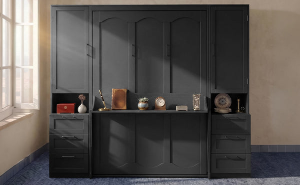 English Elm Queen Murphy Fold Down Wall Bed with Wardrobe Drawers and Shelves for Guest Rooms LP000909AAB