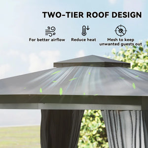 English Elm Canopy Outdoor Gazebo Steel Frame Double Tier Polyester Roof with Mesh Curtain Panels Black,Dark Gray T3971P459069