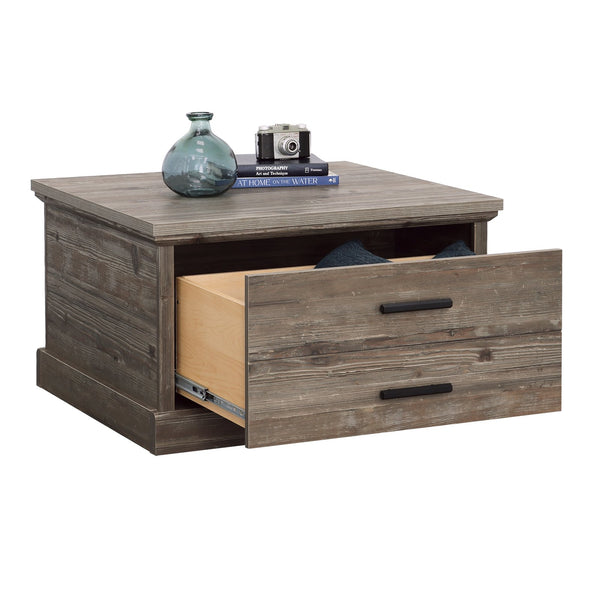 English Elm Coffee Table with Spacious Drawer and Open Shelf, Engineered Wood, Rustic-Modern Farmhouse Charm, Sturdy Design Pine Wood B356P354435