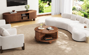 English Elm Round Fluted Pine Wood Coffee Table with Hidden Sliding Door Storage for Living Room Walnut N735P369879D