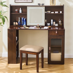 English Elm Elegant Walnut Makeup Vanity with Sliding 3-Color LED Mirror, Large Shelves, Fluted Drawer & Cabinet N844P257533W