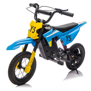 English Elm 24v 250w Kids Off-road Electric Motorcycle with Led Lights Bluetooth and Rear Suspension Blue W1578P203980