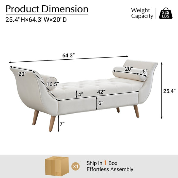English Elm Upholstered Velvet Tufted Bench with Bolster Pillows Solid Oak Legs Bedroom Entryway N761P304407W
