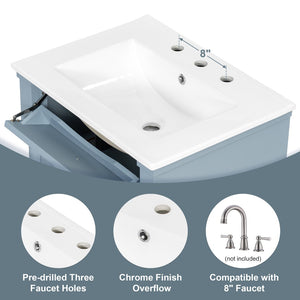 English Elm 24 Inch Freestanding Vanity with Ceramic Sink Rubberwood Frame Matte Finish Storage Blue+Grey N725P356058E