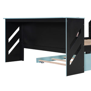 English Elm Full Size Wood Daybed with Twin Trundle Desk and Usb Charging for Teen Rooms Blue LT000262AAC