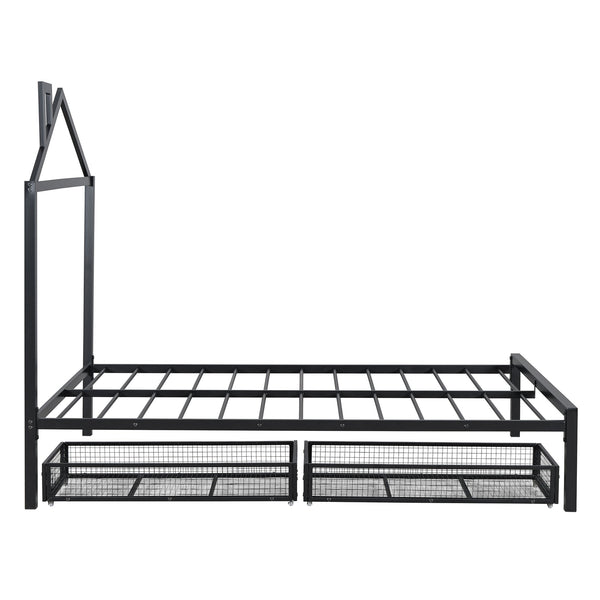 English Elm Full Metal Platform Bed with House-Style Headboard, Two Smooth Storage Drawers, Sturdy 350lb Capacity Black MF320571AAB