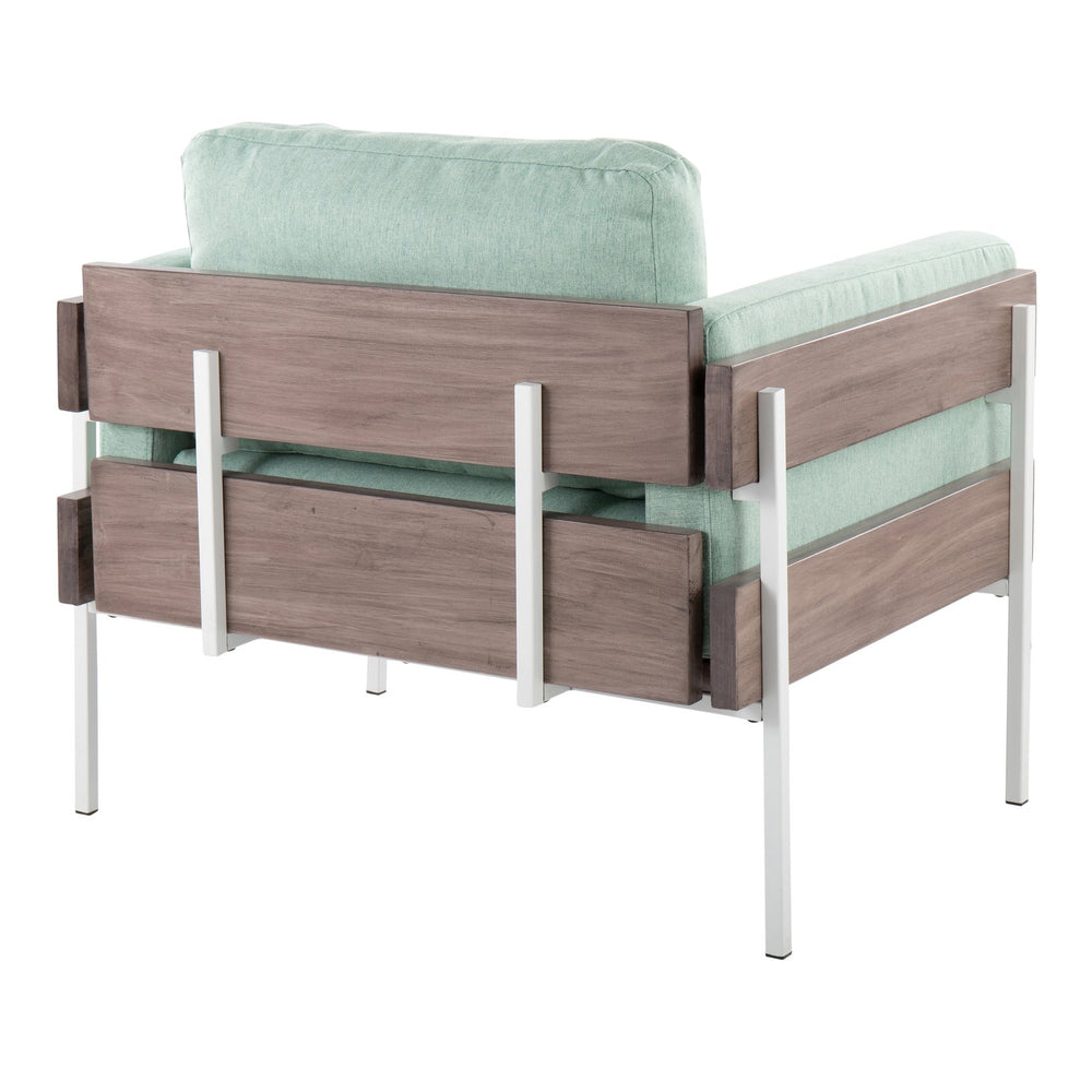 English Elm Kari Farmhouse Accent Chair with Light Green Fabric, Grey Wood Panel & White Metal Base — Luxe Cozy Seating B202S01294