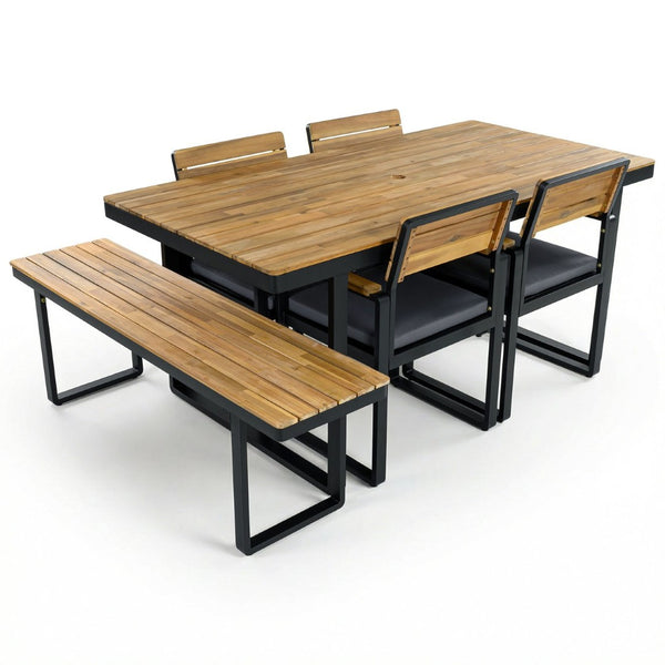 English Elm 6-piece Outdoor Acacia Wood Patio Dining Set with Cushioned Chairs Bench Steel Frame Gray N704G201255E