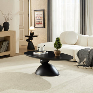 English Elm 47.27" Lucky Stone Oval CoffeeTable with Sculptural Stacked Pebble Base, Minimalist Fiberglass Centerpiece Black W2664S00046