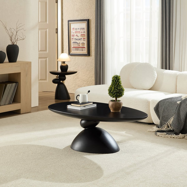 English Elm 47.27" Lucky Stone Oval CoffeeTable with Sculptural Stacked Pebble Base, Minimalist Fiberglass Centerpiece Black W2664S00046