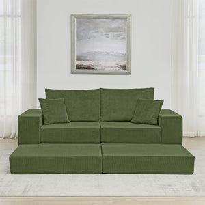 English Elm Modular Cloud Sectional Sofa with Corduroy Upholstery, Deep-Seat Sleeper Loveseat, Removable Ottoman, No-Assembly Comfort and Customizable Configuration Green W1117P357544