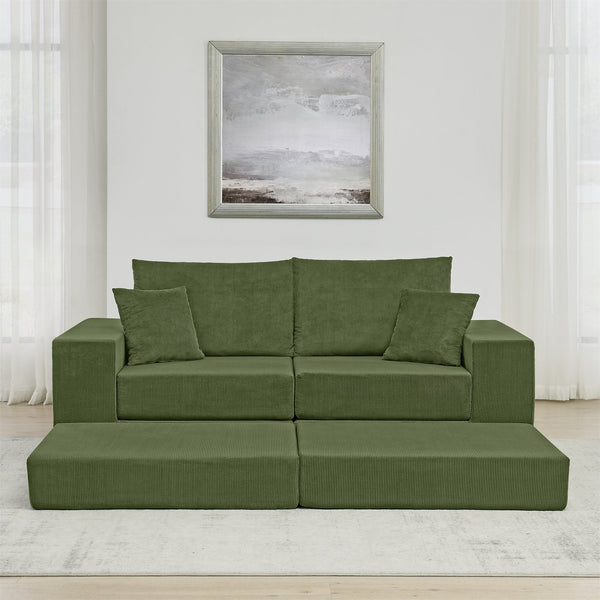 English Elm Modular Cloud Sectional Sofa with Corduroy Upholstery, Deep-Seat Sleeper Loveseat, Removable Ottoman, No-Assembly Comfort and Customizable Configuration Green W1117P357544