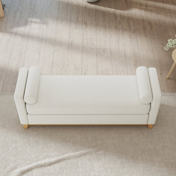 English Elm 66.34 Inch Sherpa Fleece Bench with Fluted Wood Legs Bolster Pillows Mid-century Lounge Beige+Natural W1658P445918