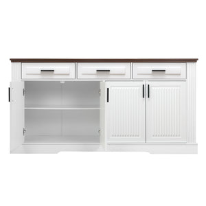 English Elm 63" Fluted Sideboard Buffet Cabinet with Coffee Bar Storage, 4 Doors 3 Drawers, Smooth Silent Slides White W2917P319113