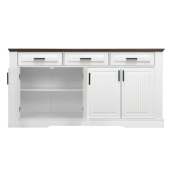 English Elm 63" Fluted Sideboard Buffet Cabinet with Coffee Bar Storage, 4 Doors 3 Drawers, Smooth Silent Slides White W2917P319113
