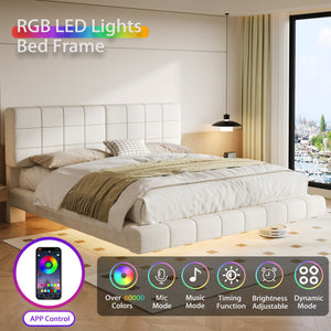 English Elm Christopher Knight Home® - White Boucle Floating Bed With Led Light, King - Modern Comfort, Safety Features & Easy Cleaning N769P304636W