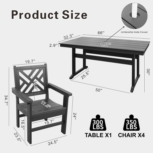 English Elm 5 Piece Hdpe Patio Dining Set For 4 - Weather-Resistant Table & Chairs With Umbrella Hole, Grey W2681S00009