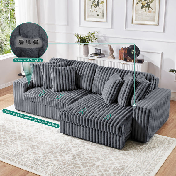 English Elm M086 Power Sectional Sleeper Loveseat with Chaise USB Ports Storage High-Density Foam Comfort DARK GREY W1805S00117