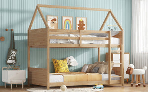 English Elm Twin House Floor Bunk Bed – Charming Rubberwood Design With Safety Guardrails, Ladder & White Oak Finish W504P227973-GIGA