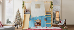 English Elm Twin Pine Loft Bed with House Frame Tent Led Lights Slide and Floor Space Below W1580S00290