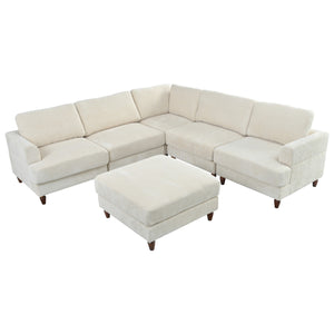 English Elm U_Style Modular Sectional Sofa with Ottoman — Spacious 5-6 Seater L-Shaped Corner Sofa, Plywood Frame, Durable Polyester Upholstery Beige WY000421AAA