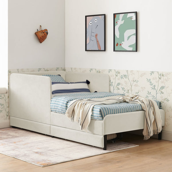 English Elm Twin Velvet Upholstered Platform Bed with 2 Underbed Storage Drawers, Convertible Sofa, Beige Twin W1413P298909