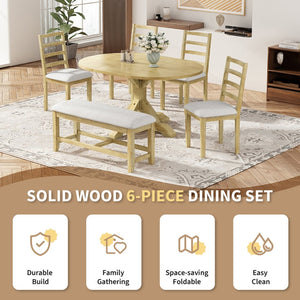 English Elm Topmax Farmhouse Extendable Pedestal Dining Set Seats Six with Ladder Back Chairs Natural+Beige N717S000060N